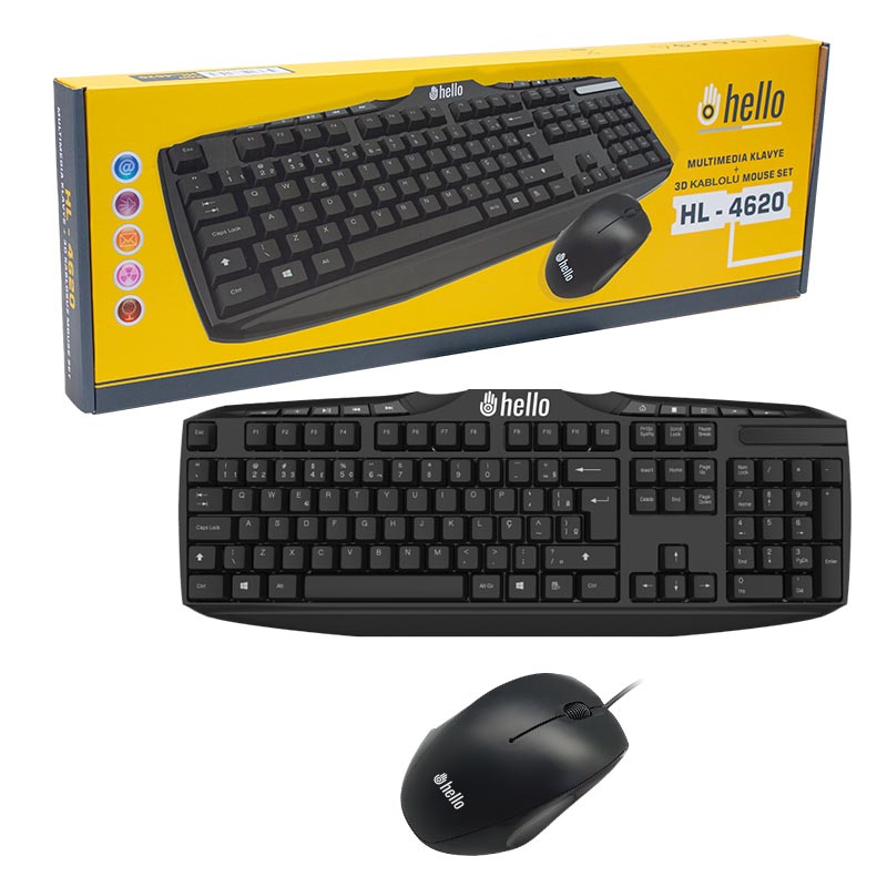 Powermaster Hello HL-4620 Wired Multimedia Keyboard and 3D Mouse Set, Black