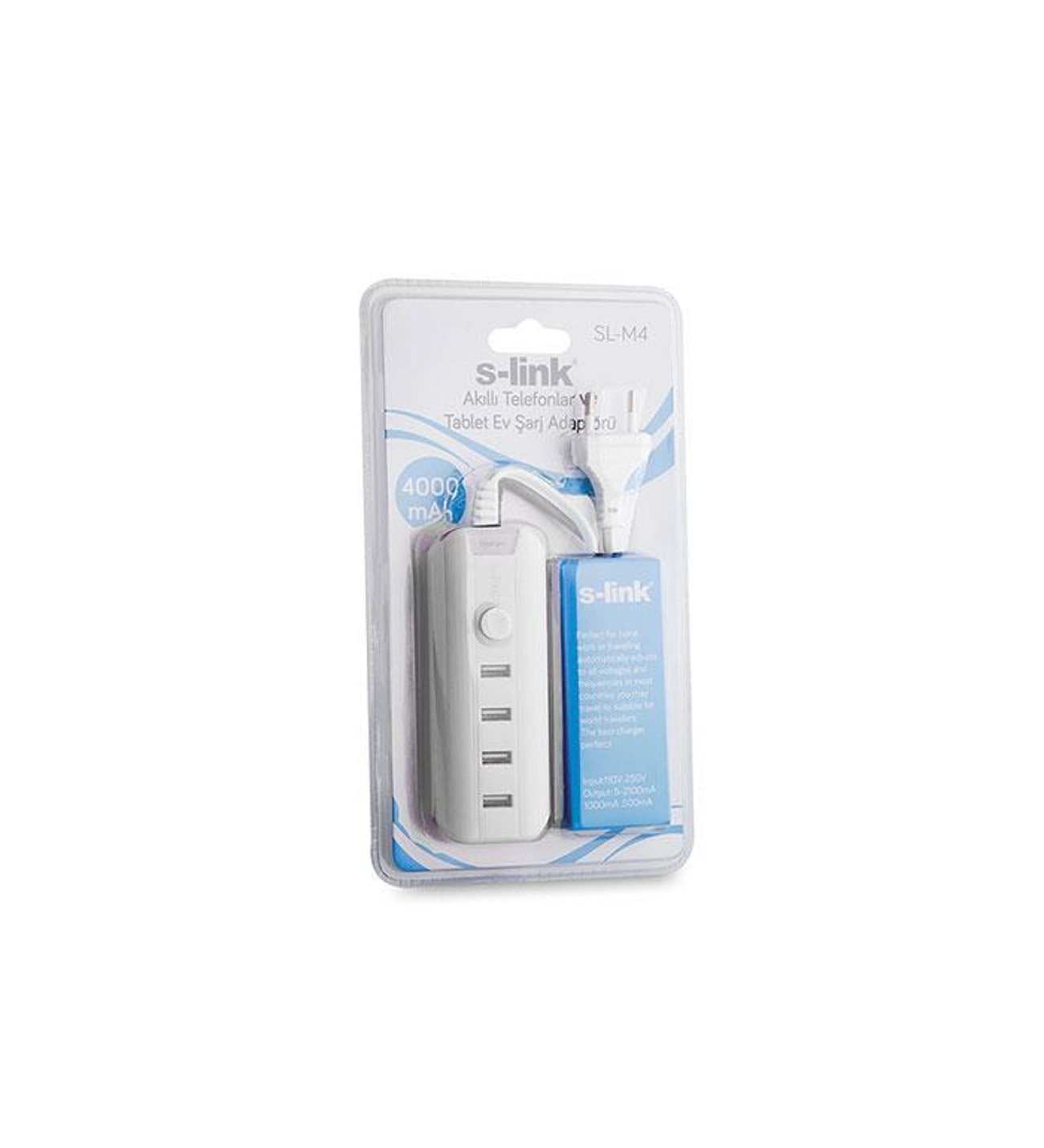 S-Link SL-M4 4-Port USB Charger for Smartphones and Tablets, White
