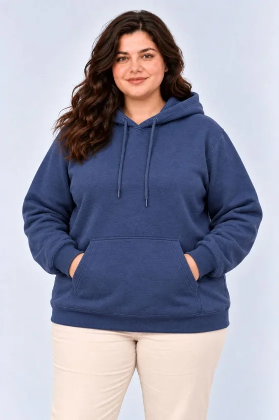 Battal Büyük Beden Üç İplik İçi Şardonlu Kapüşonlu Kanguru Cepli Kışlık Sweatshirt - Lacivert