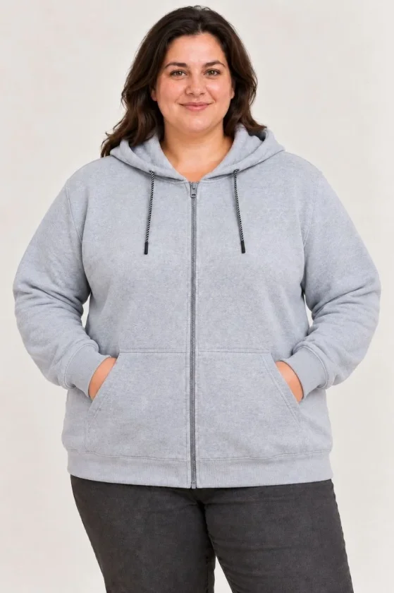 Battal Büyük Beden Üç İplik İçi Şardonlu Kapüşonlu Tam Fermuarlı Kışlık Sweatshirt - Gri