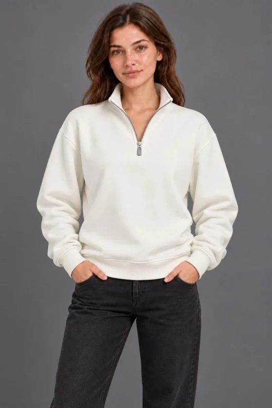 Üç İplik İçi Şardonlu Dik Yaka Yarım Fermuarlı Kışlık Sweatshirt - Beyaz