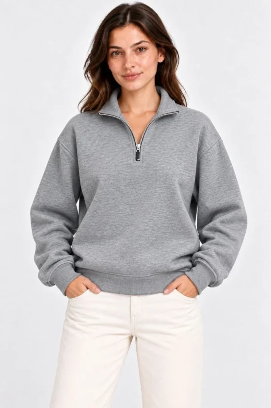 Üç İplik İçi Şardonlu Dik Yaka Yarım Fermuarlı Kışlık Sweatshirt - Grİ