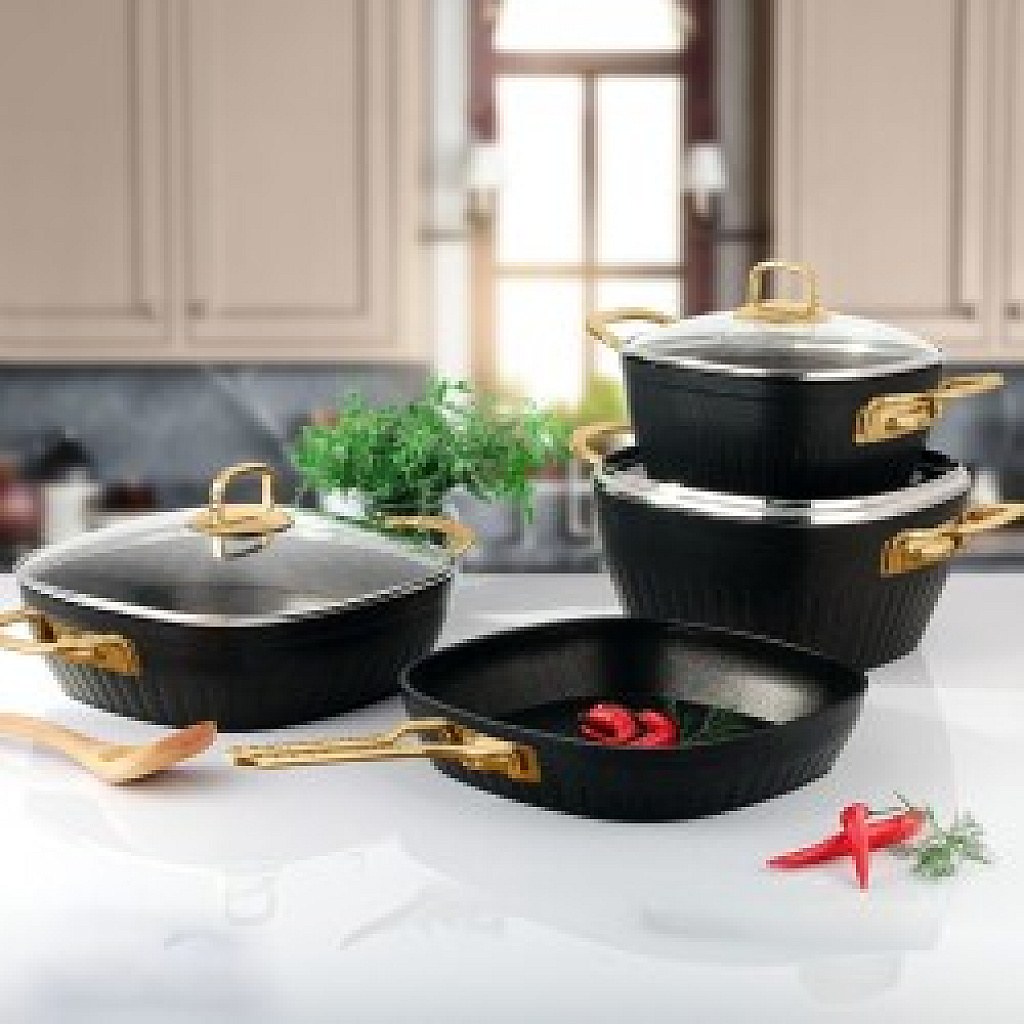 Lines Defne 7-Piece Square Granite Set, Gold Handle, Nor. Tab.