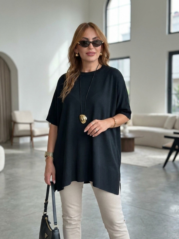 Kadın Bisiklet Yaka Kısa Yarasa Kollu Yanları Yırtmaçlı Oversize Dökümlü Merserize Bluz