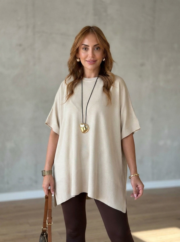 Kadın Bisiklet Yaka Kısa Yarasa Kollu Yanları Yırtmaçlı Oversize Dökümlü Merserize Bluz