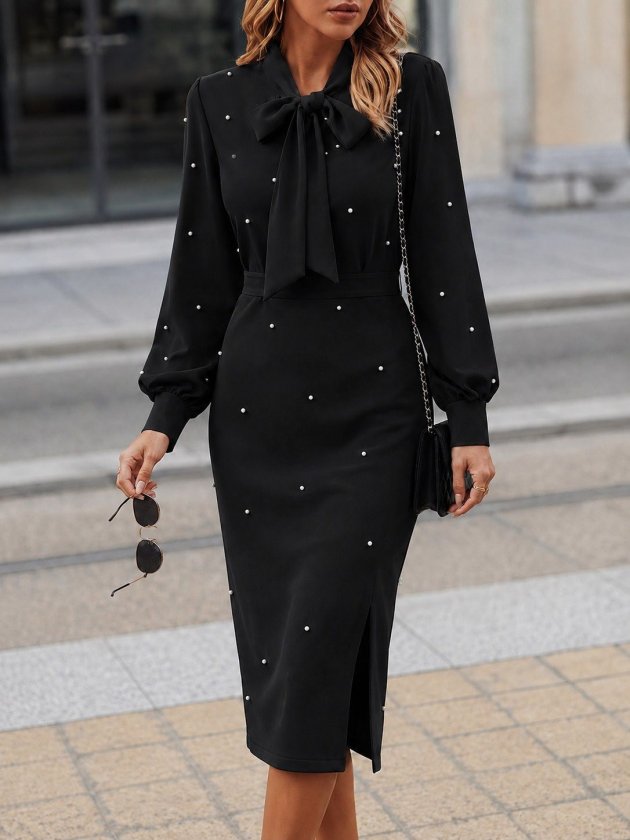 Girince 193799 Women's Black Pearl-Detail Midi Dress