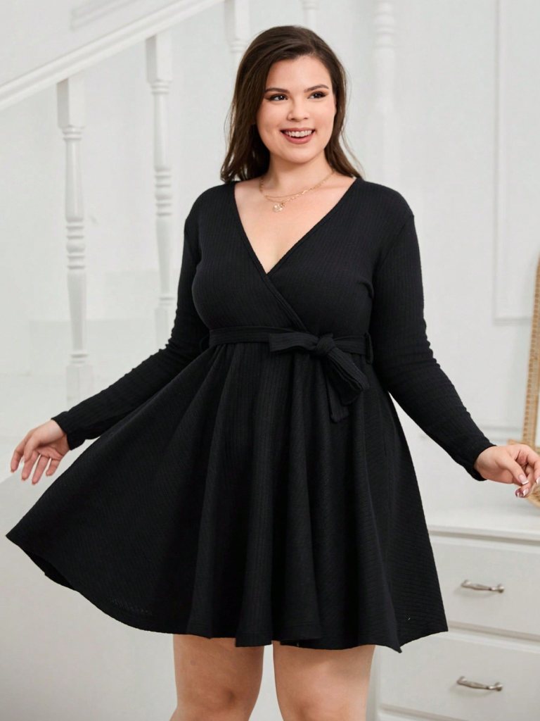 Girince 138795 Plus-Size Long-Sleeve Wrap Mini Dress