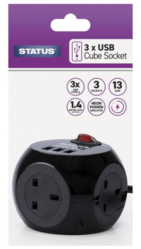 3 Soketli 1.4 Metre Kablolu 3 USB-A Girişli Anahtarlı Siyah Küp Dekoratif Seyyar Priz