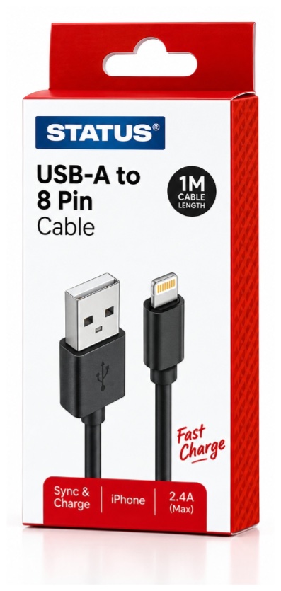 1 Metre USB-A 8 Pin Siyah Hızlı Şarj Kablosu