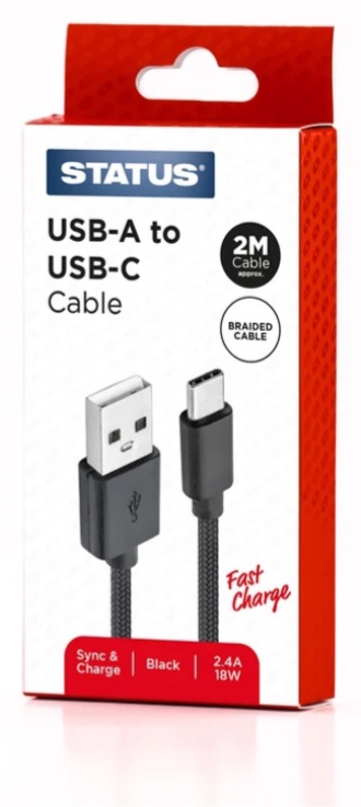 2 Metre USB-A USB-C Siyah Hızlı Şarj Kablosu