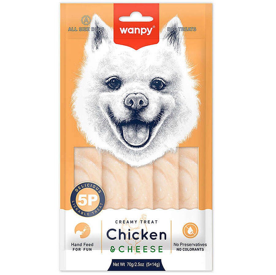 Wanpy Lickable Treat — жидкое лакомство для собак, курица и сыр, 5 × 14 г