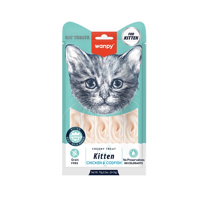 Wanpy Creamy Lickable Kitten Cat Treats, Chicken & Codfish, 70 g, 12 pcs