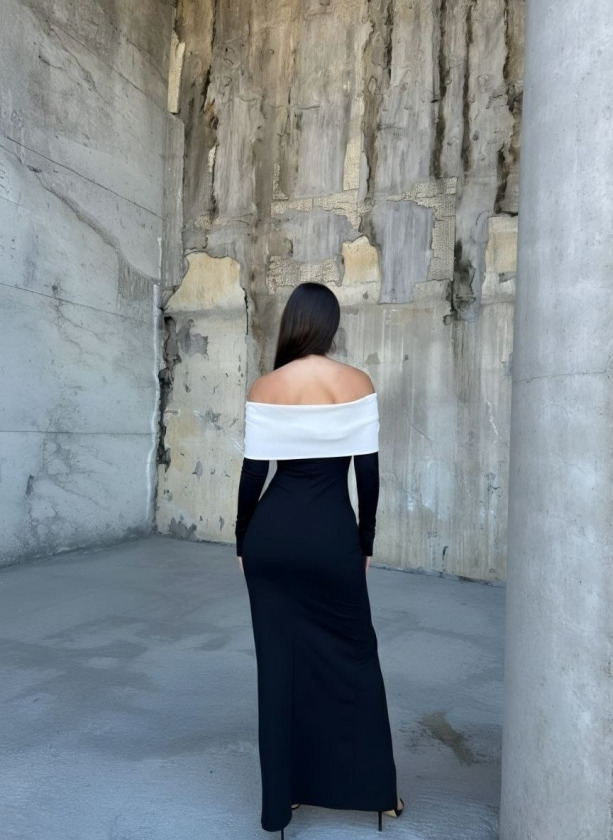 Girince 195255 Off-Shoulder Contrast Long Evening Dress with Slit