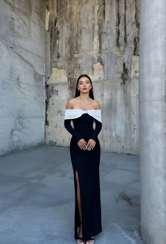 Girince 195255 Off-Shoulder Contrast Long Evening Dress with Slit