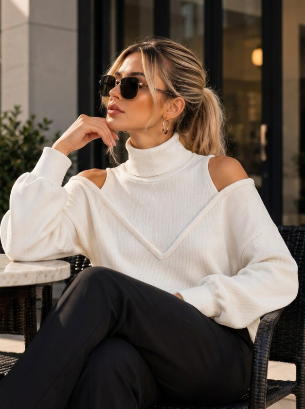 Girince 195306 Women's High-Neck Off-Shoulder Ribbed Blouse