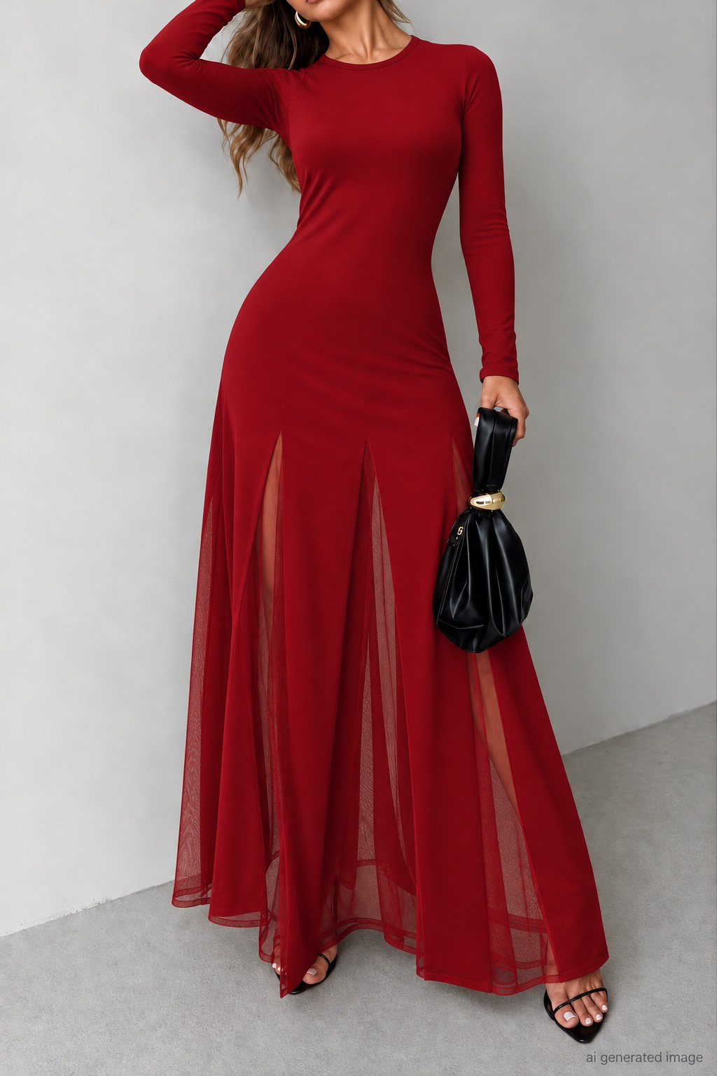 Girince 195296 Women's Long-Sleeve Tulle-Detail Crepe Dress