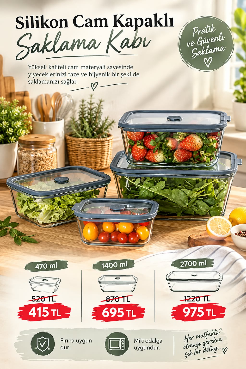2700 ml Glass Food Storage Container with Silicone Lid