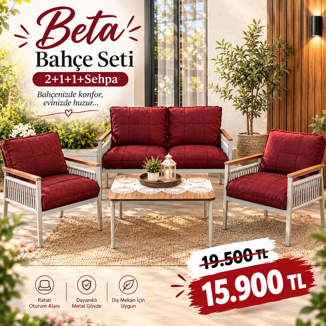 Beta Garden Furniture Set 2+1+1 with Coffee Table, Burgundy