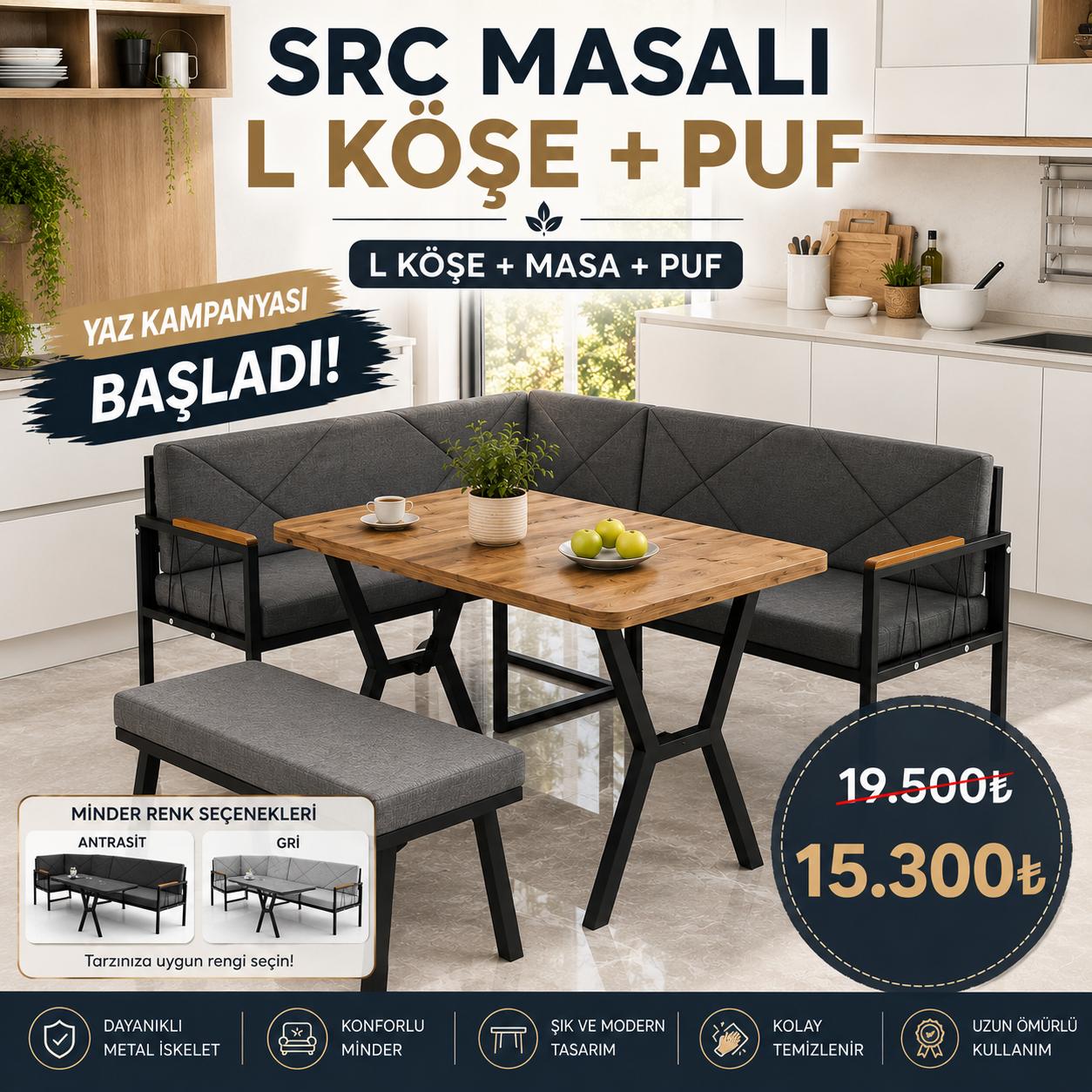 SRC L Corner Sofa Set with Table and Pouf