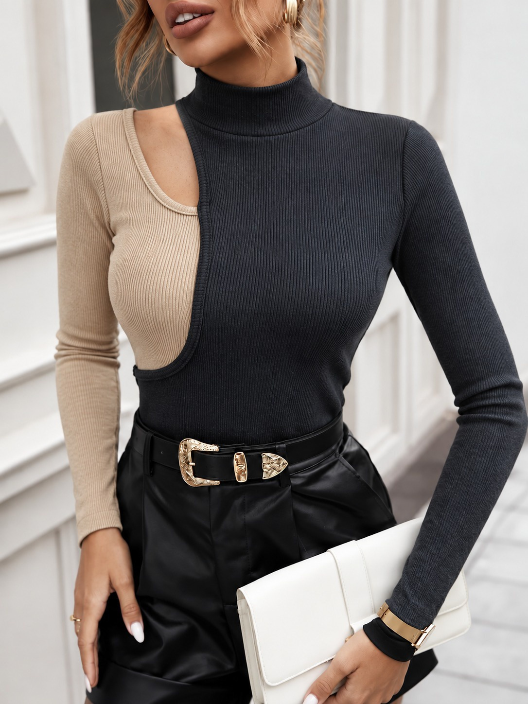 Girince 195077 Women's Two-Tone Turtleneck Blouse