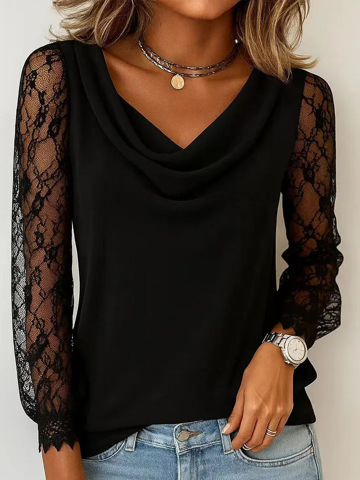 Girince 195069 Women's Long-Sleeve Cowl-Neck Viscose Blouse with Lace Detail