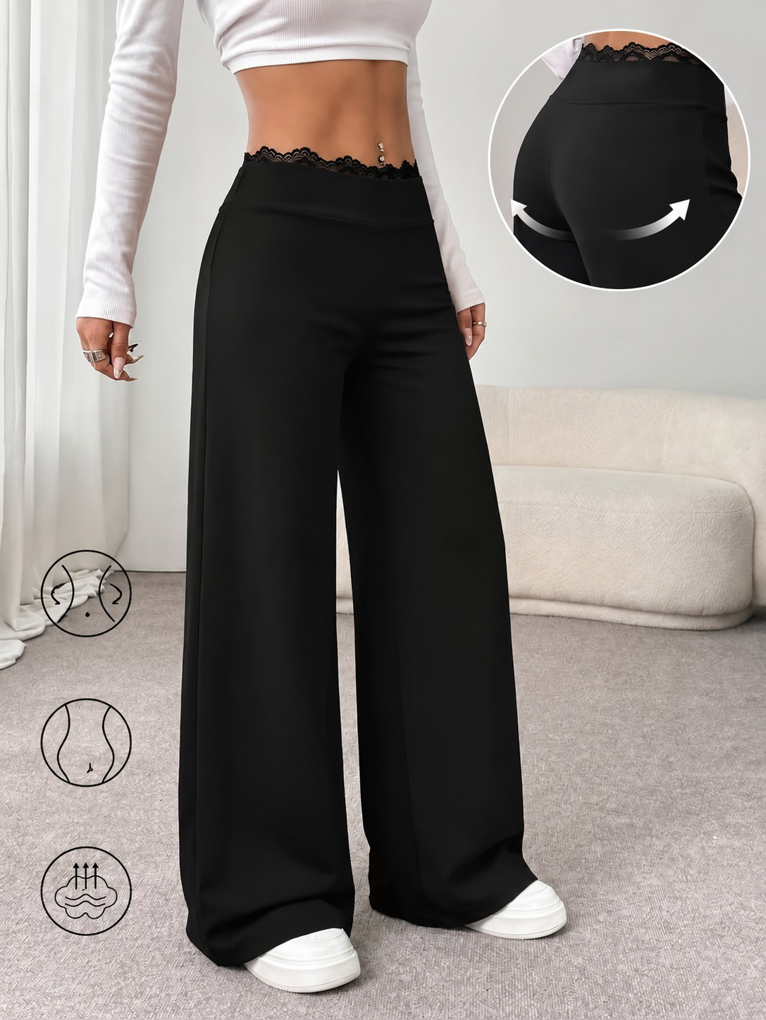 Girince 195048 Women's High-Waist Lace-Trim Wide-Leg Modal Trousers