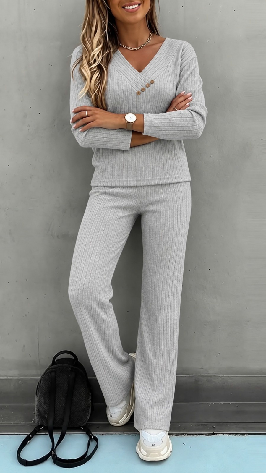 Girince 195036 Women's Long-Sleeve V-Neck Blouse and Trousers Set