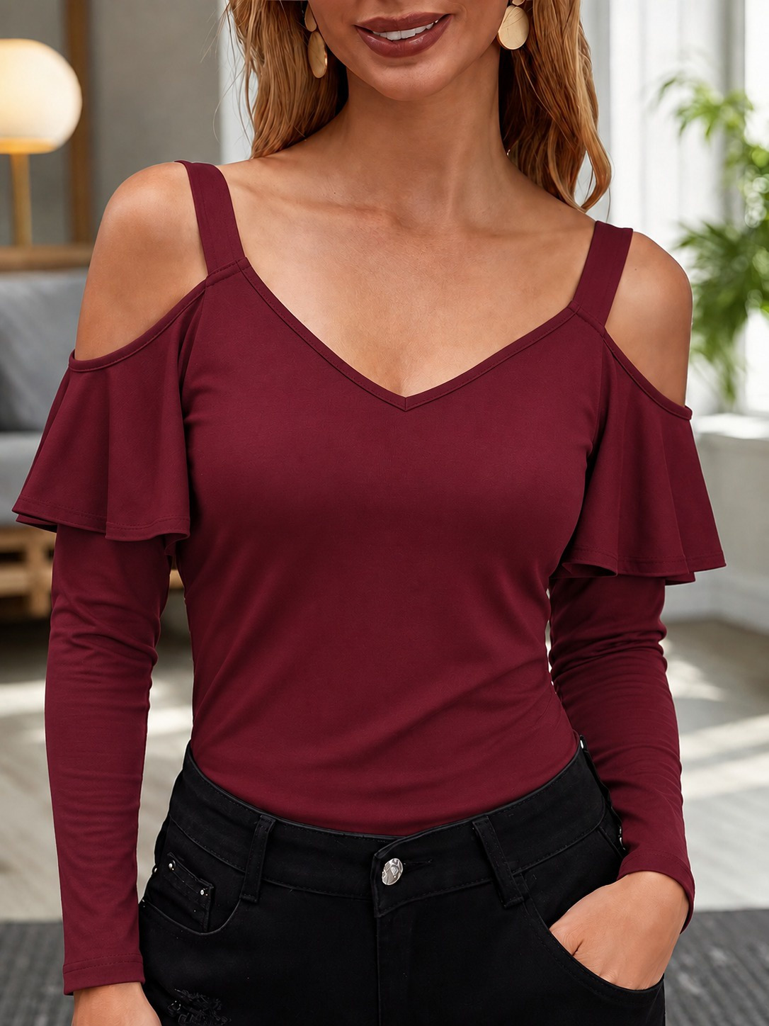 Girince 195029 Women's Long-Sleeve Off-Shoulder Ruffle Viscose Blouse
