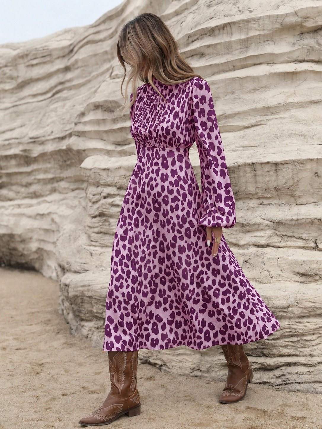 Girince 194919 Women's Long-Sleeve Patterned Midi Dress