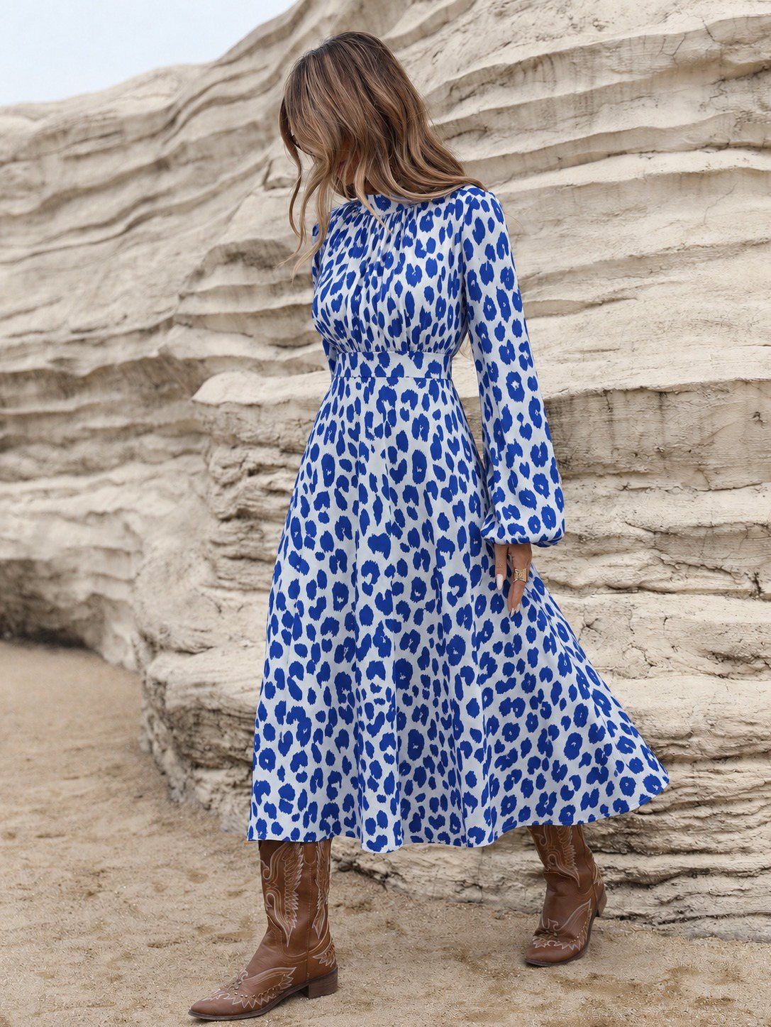 Girince 194918 Women's Long-Sleeve Patterned Midi Dress