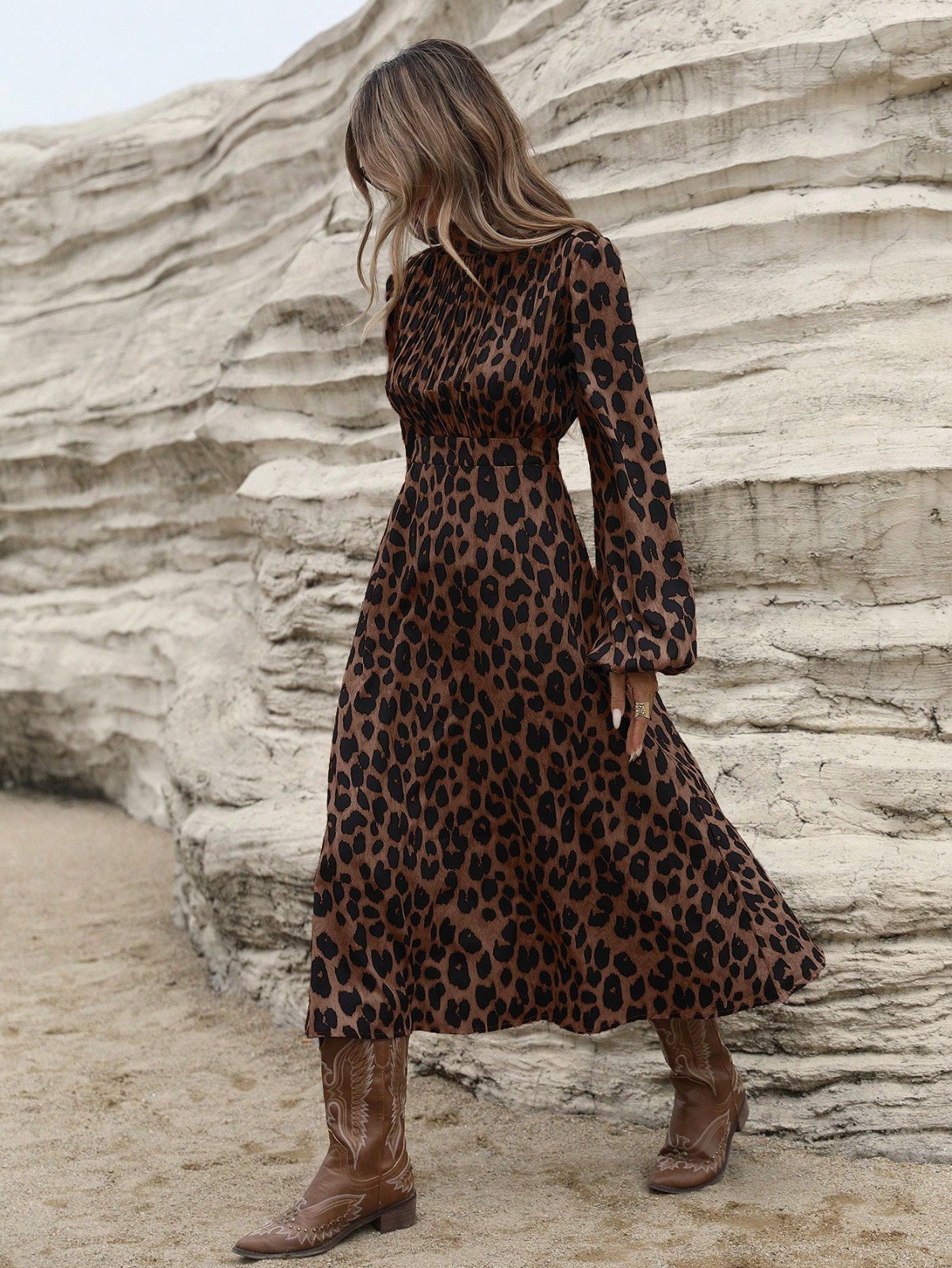 Girince 194917 Women's Long-Sleeve Patterned Midi Dress