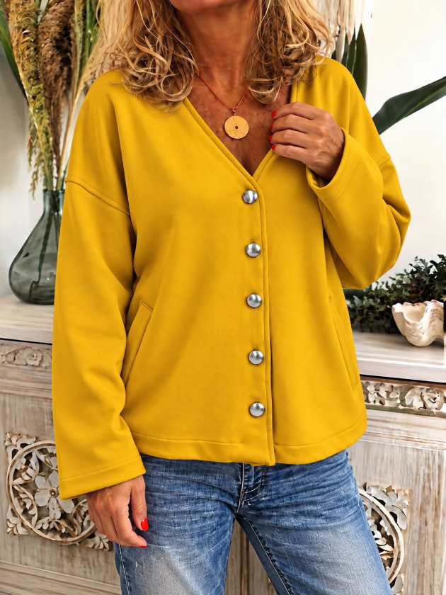 Girince 194916 Women's Mustard Yellow Oversized V-Neck Jacket Cardigan