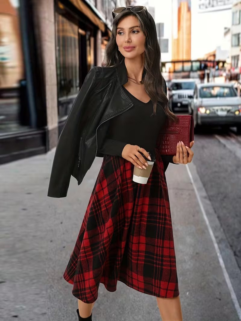 Girince 194904 Women's Long-Sleeve V-Neck Patterned Dress