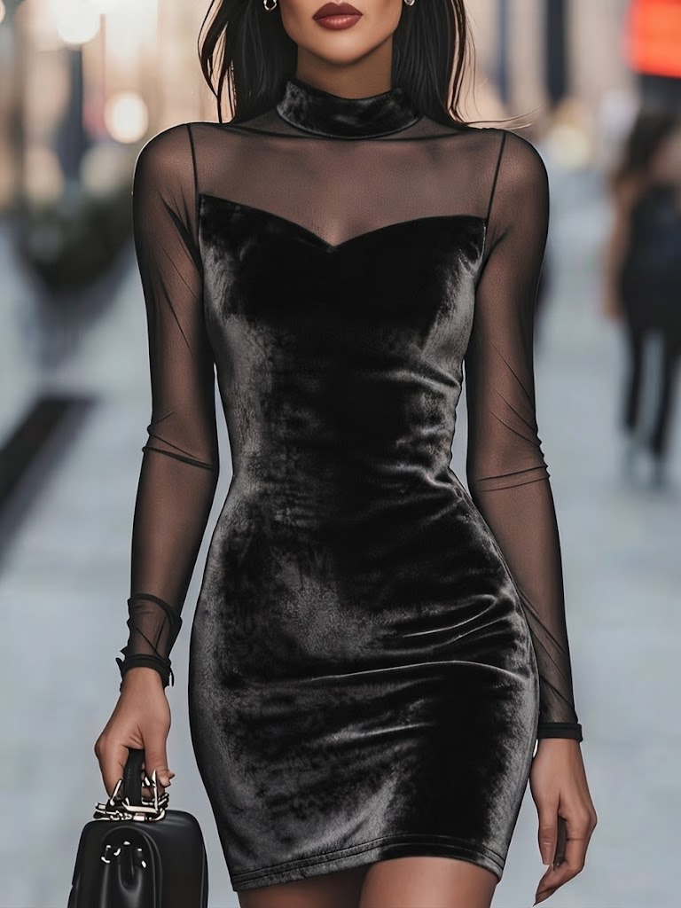 Girince 194894 Women's Long-Sleeve Turtleneck Velvet Mini Dress with Tulle Details