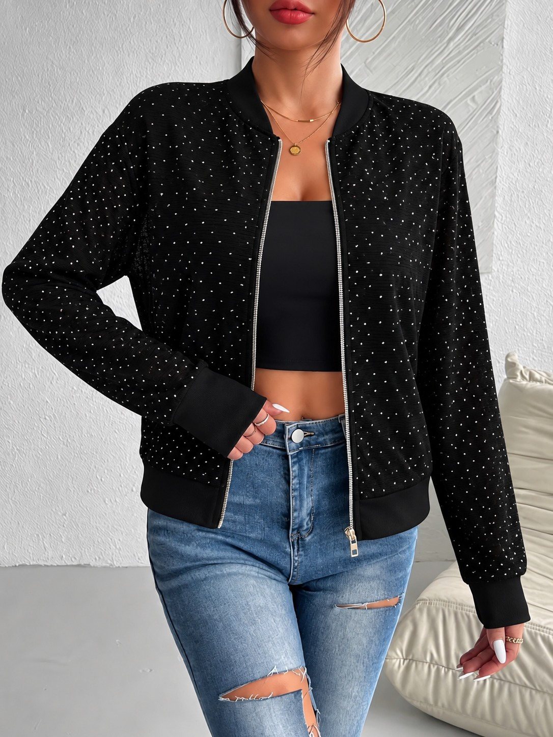 Girince 194881 Women's Long-Sleeve Zip-Front Embellished Crinkle Tulle Jacket