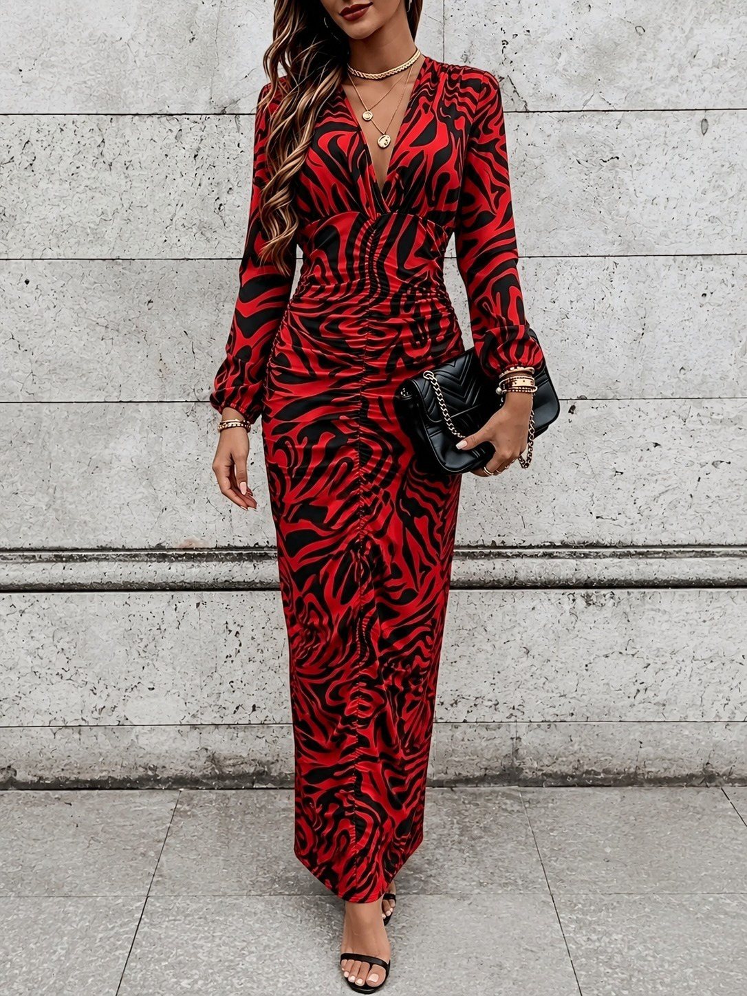 Girince 194880 Long-Sleeve Printed Wrap-Neck Dress