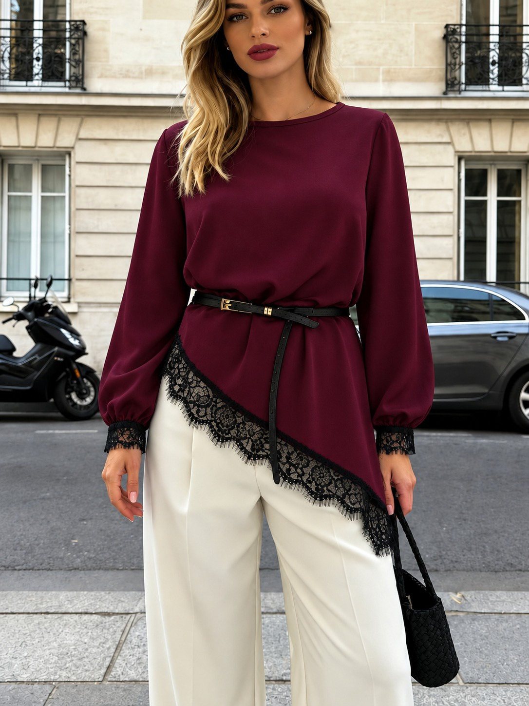 Girince 194852 Women's Long-Sleeve Asymmetric Lace Blouse