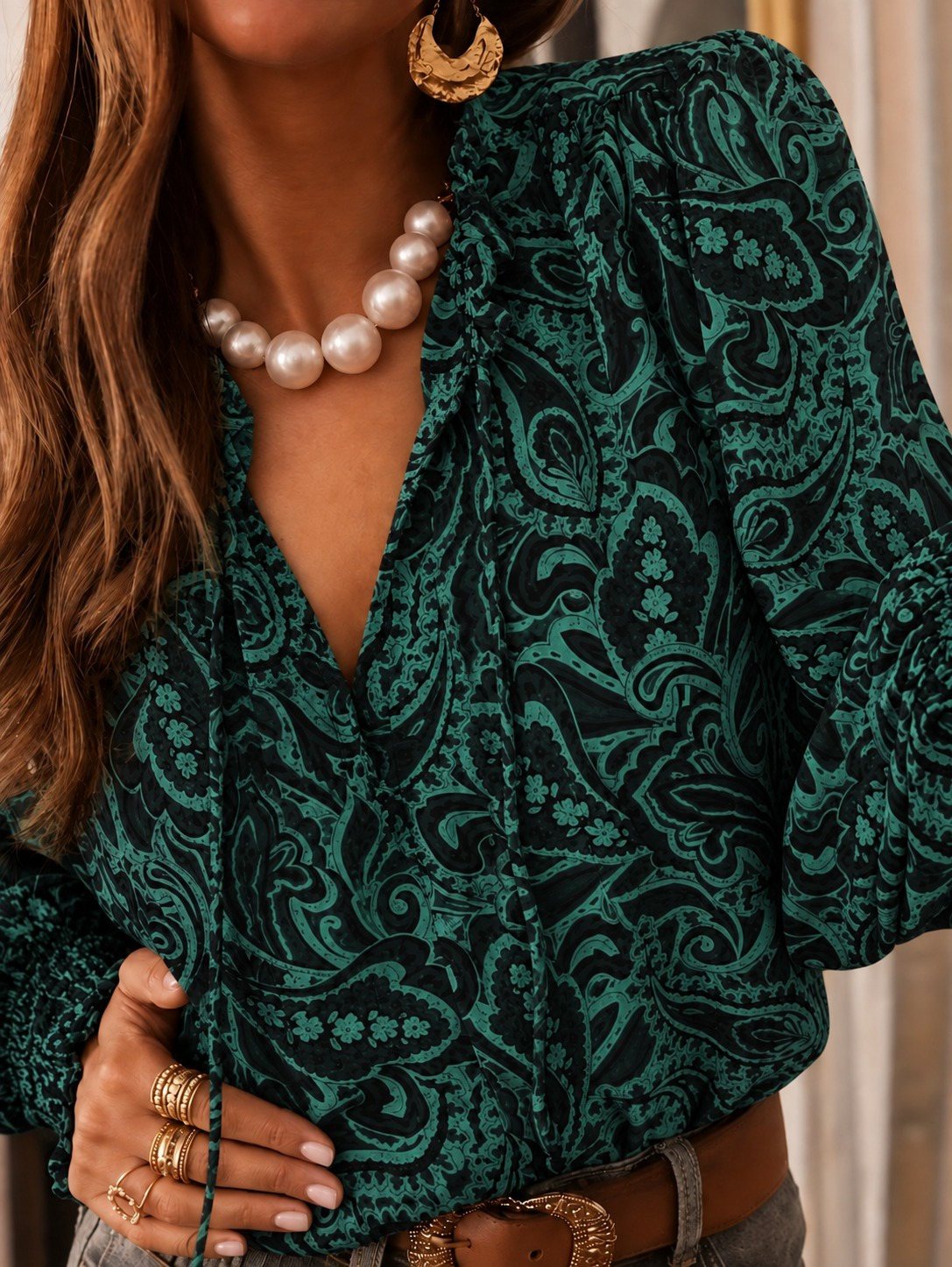 Girince 194838 Women's Long-Sleeve Patterned Tie-Neck Blouse