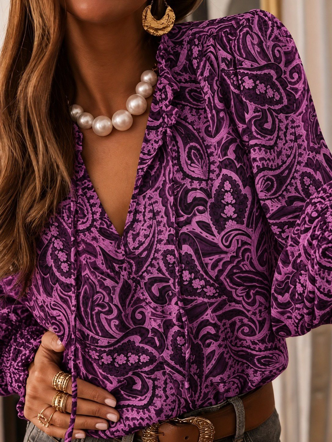Girince 194837 Women's Long-Sleeve Patterned Tie-Neck Blouse