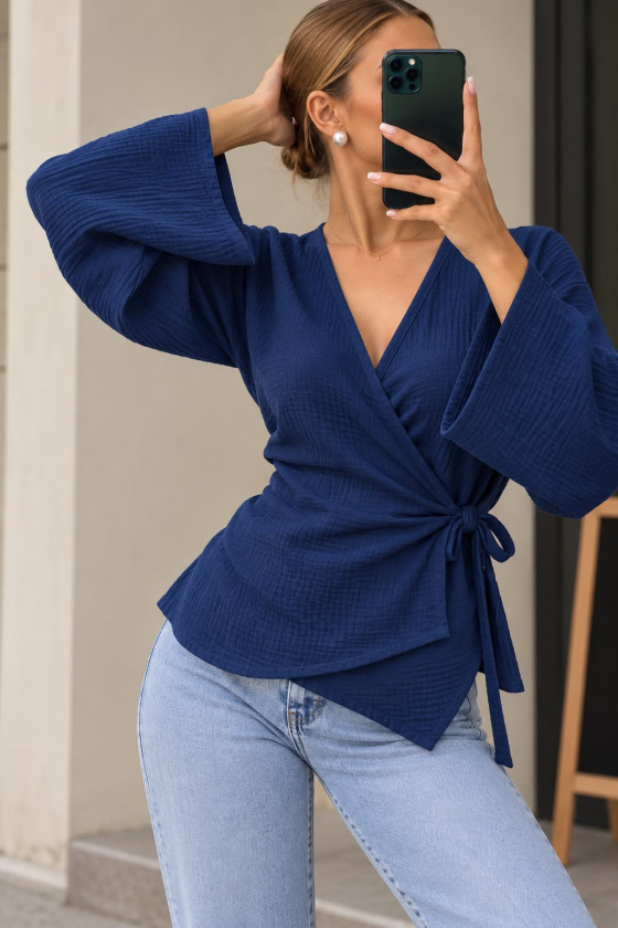 Girince 194830 Navy Wrap Blouse with Tie Detail