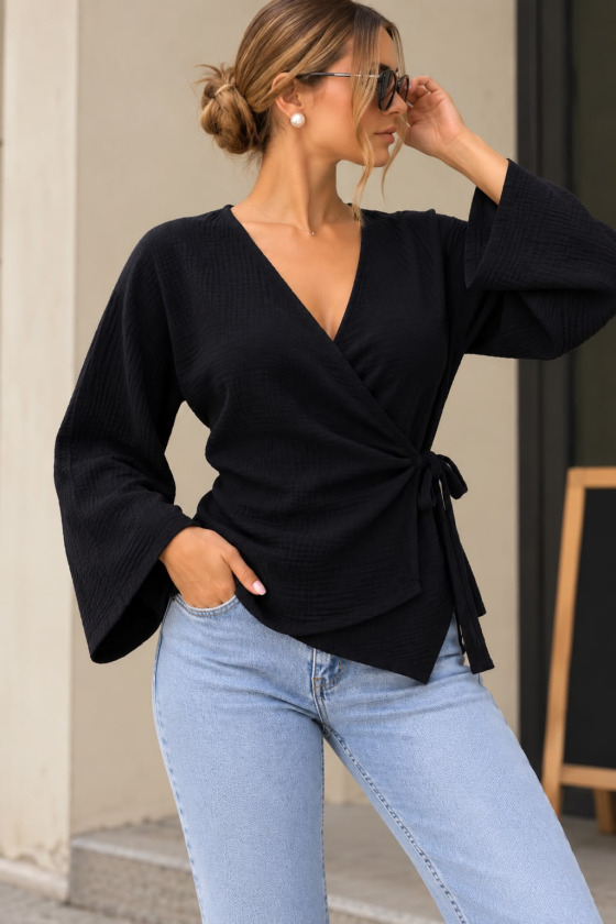 Girince 194826 Black Wrap Blouse with Tie Detail