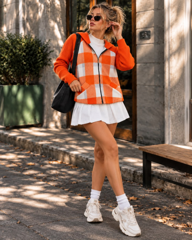 Girince 194824 Orange Checkered Zip-Up Hooded Jacket