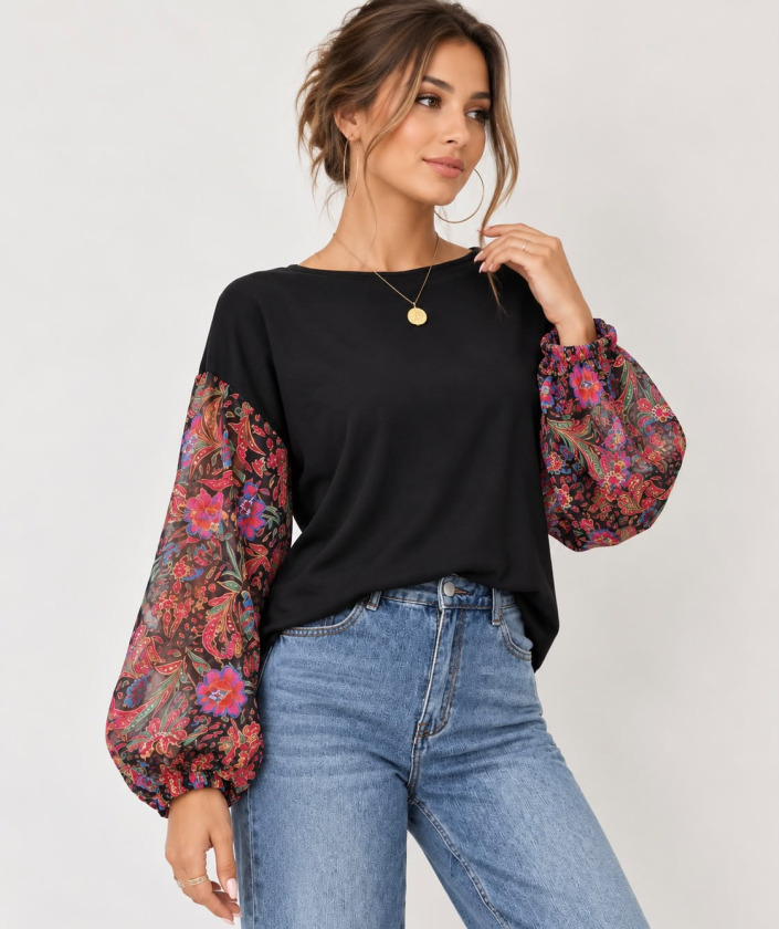 Girince 194821 Black Knit Top with Floral Chiffon Sleeves