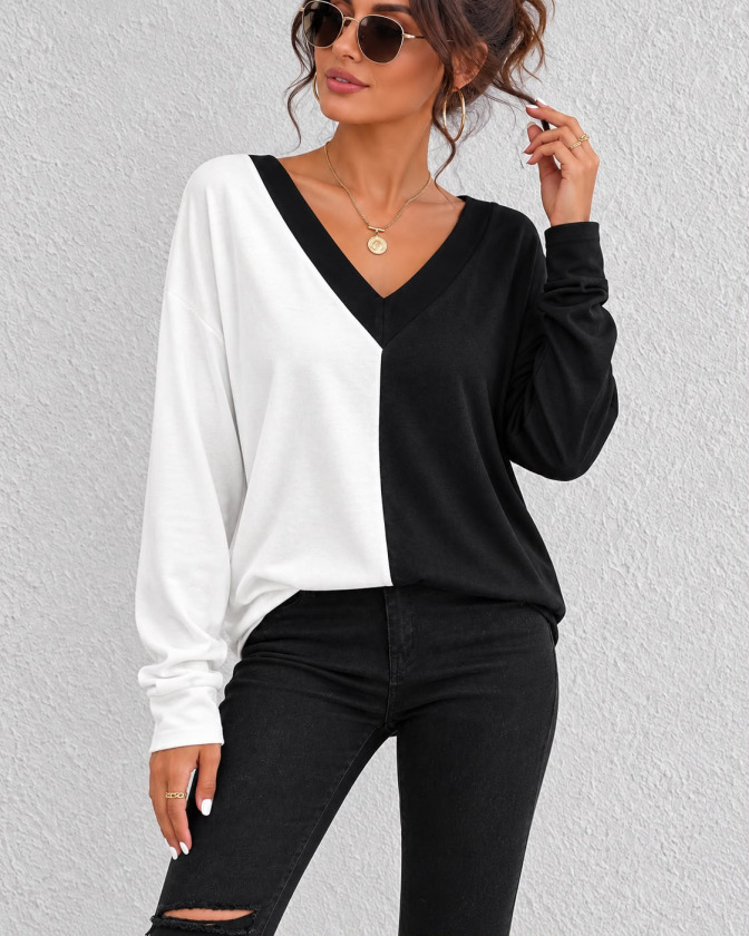 Girince 194818 Black and White Color-Block V-Neck Long-Sleeve Blouse