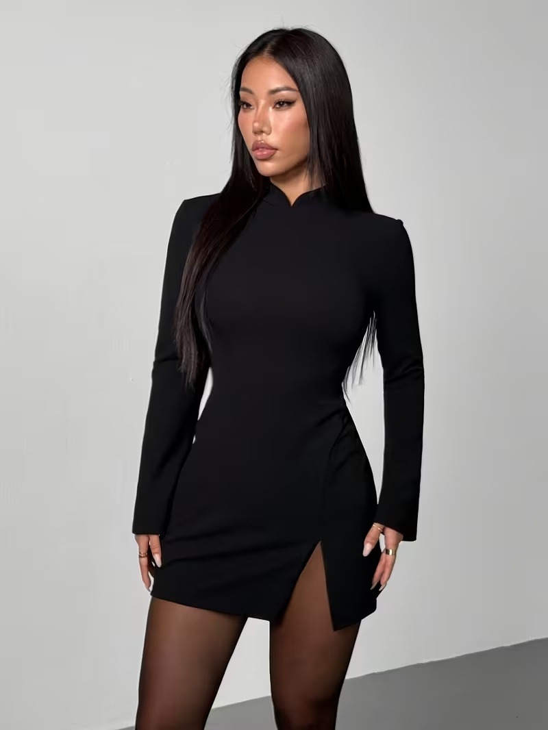 Girince 194814 Women's Long-Sleeve Mock-Neck Mini Dress with Slit