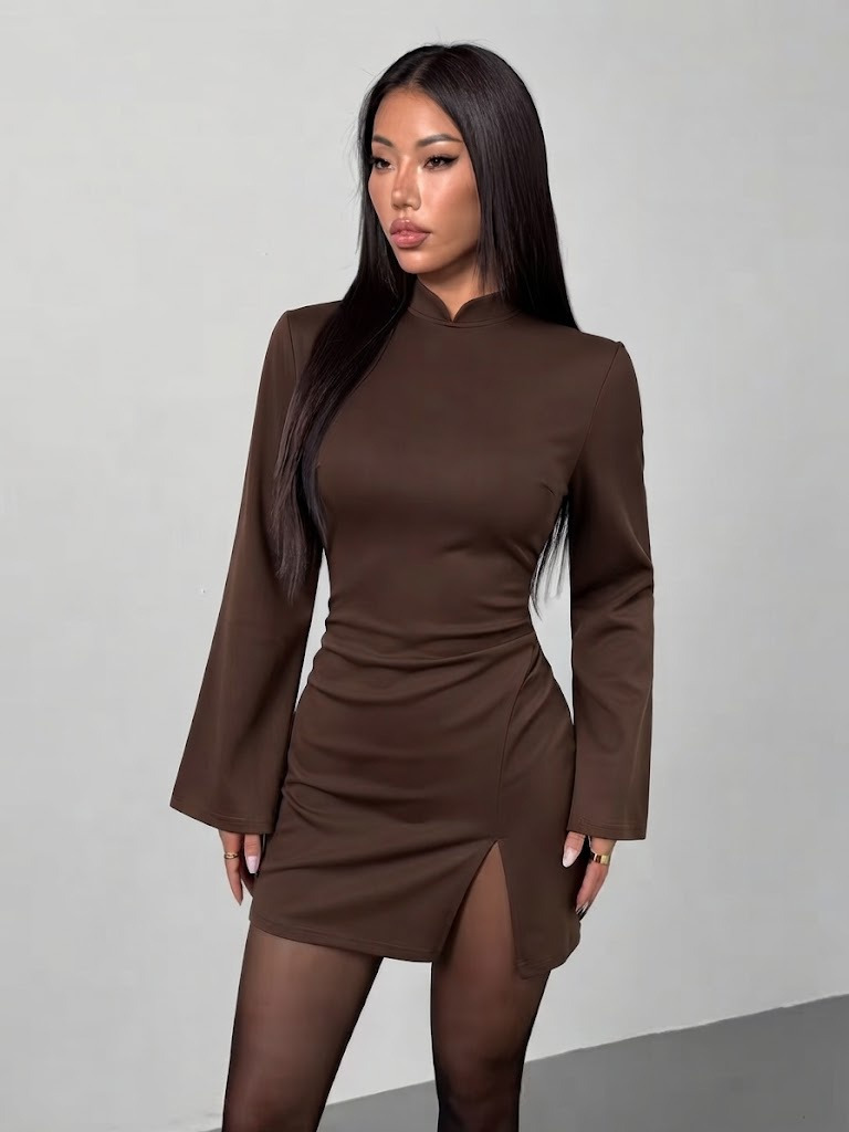 Girince 194813 Women's Long-Sleeve Mock-Neck Mini Dress with Slit