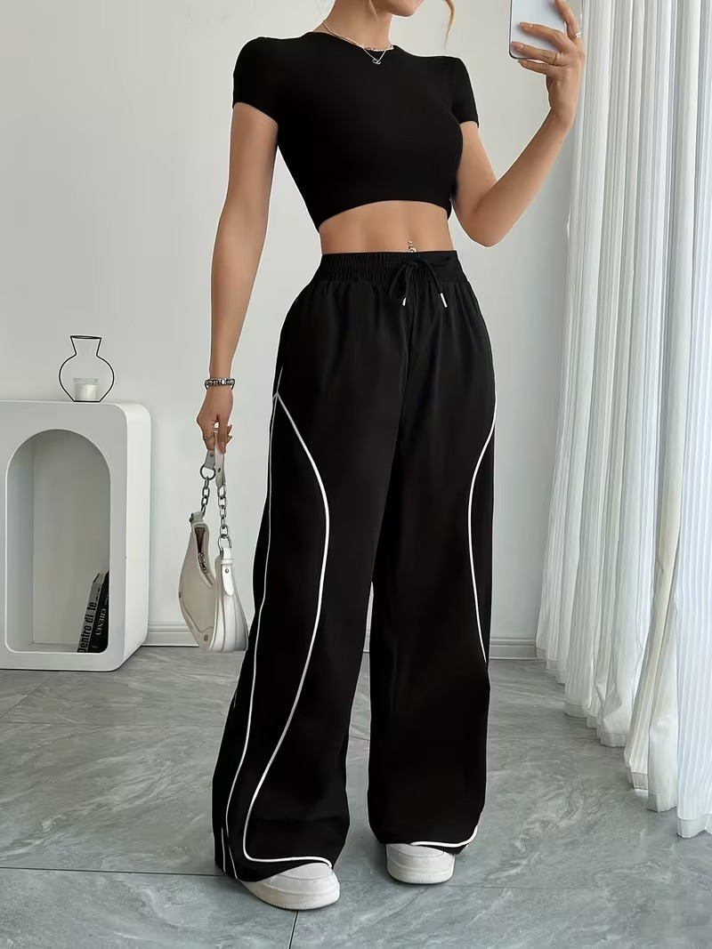Girince 194795 Women's High-Waist Drawstring Trousers with Stripe Detail