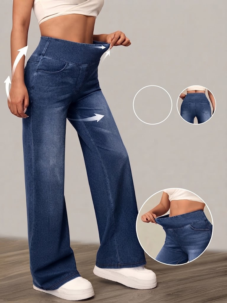 Girince 194761 Women's High-Waist Elastic-Waist Wide-Leg Jeans