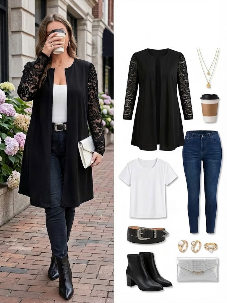 Girince 194709 Women's Long-Sleeve Lace-Detail Midi Jacket