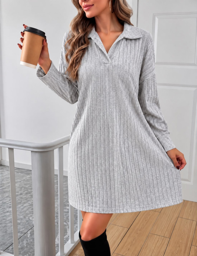 Girince 194680 Grey Striped Collared Dress